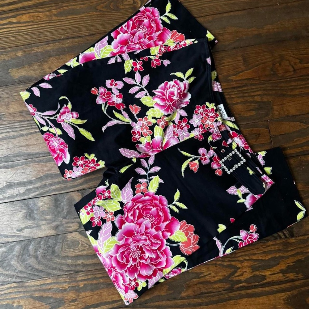 Caché Black floral high-waisted straight-leg pants with pink accents